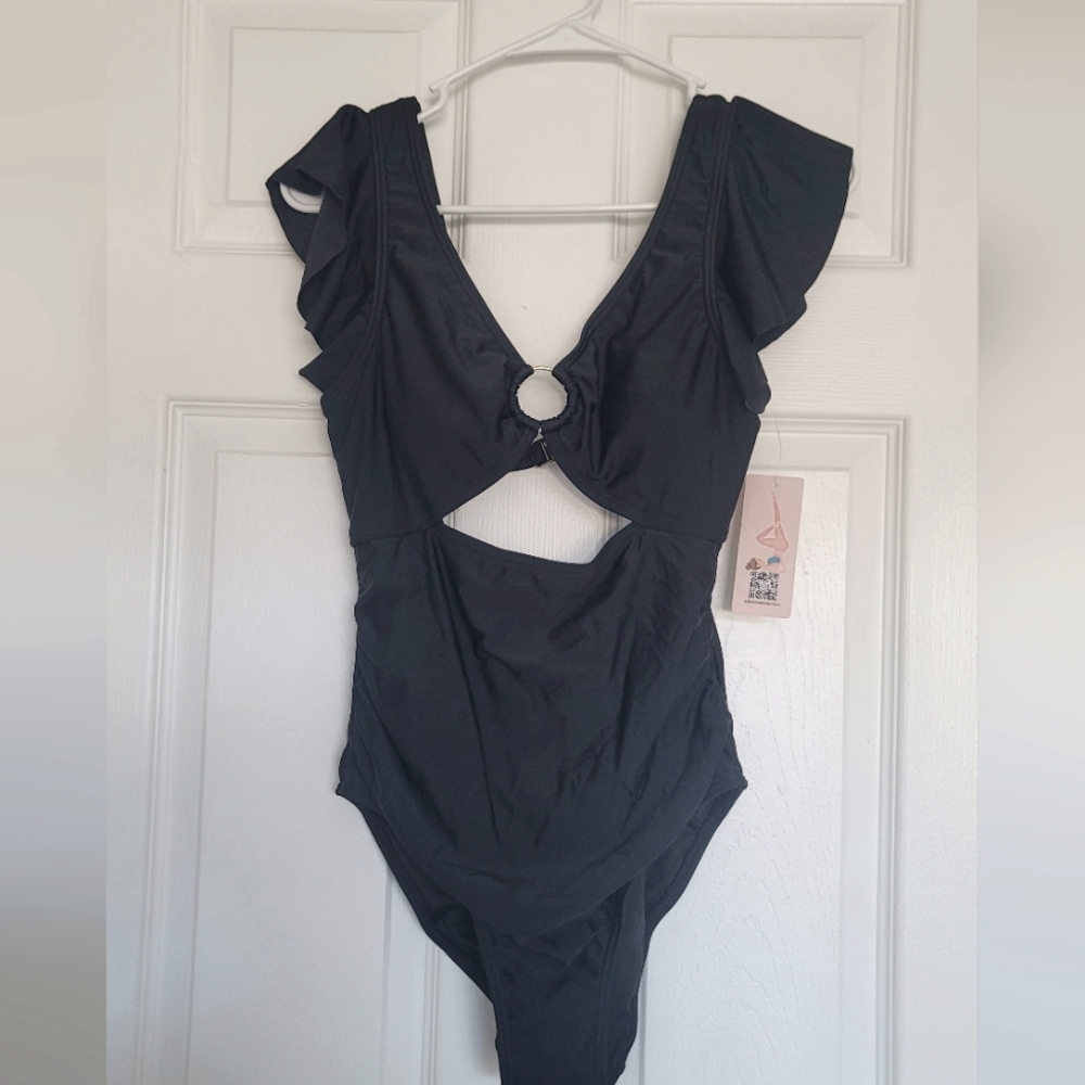 Black Ruffled Sleeve One Piece Swimsuit